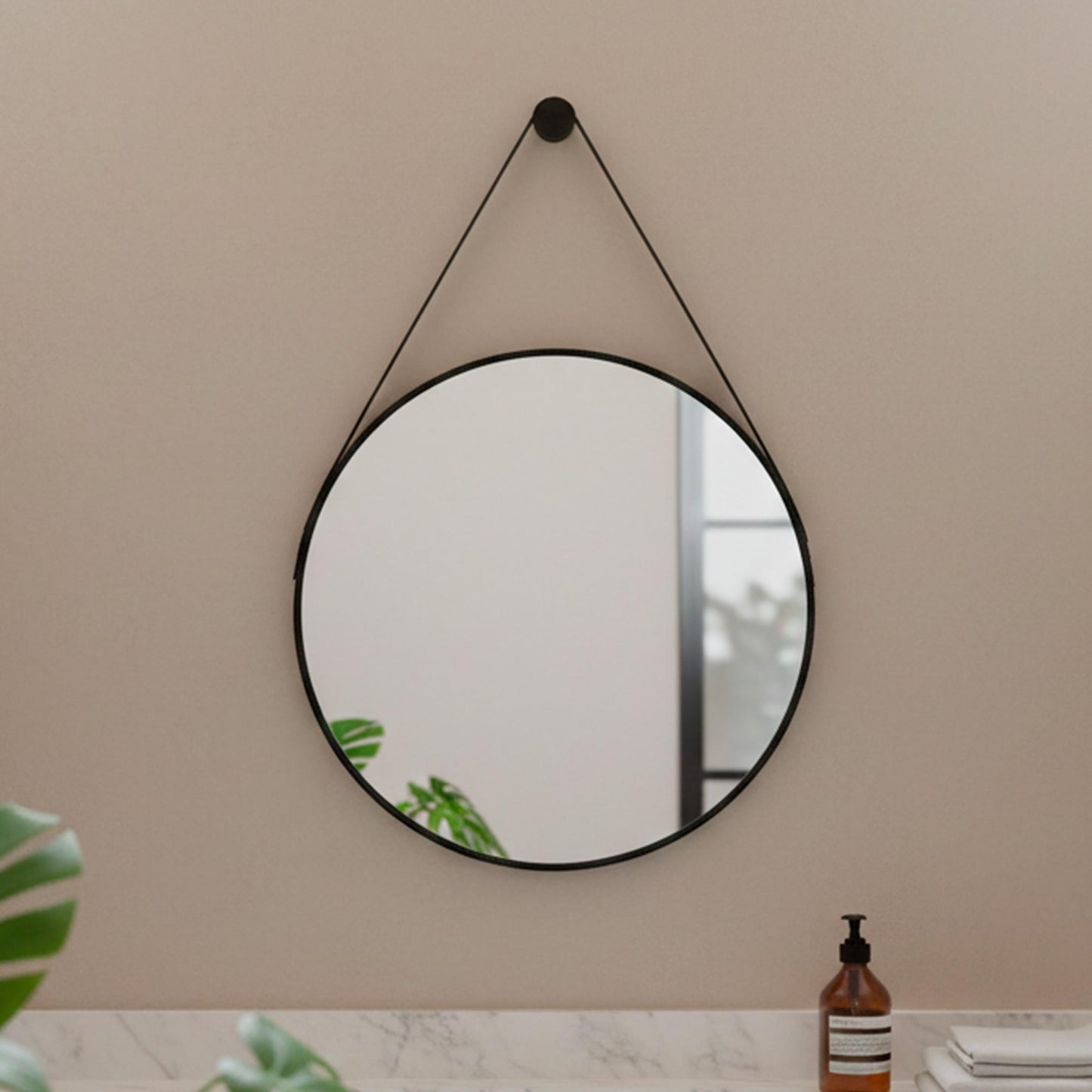 Espelho Decorativo Redondo Adnet Couro - Com Alça - Banheiro - 60cm