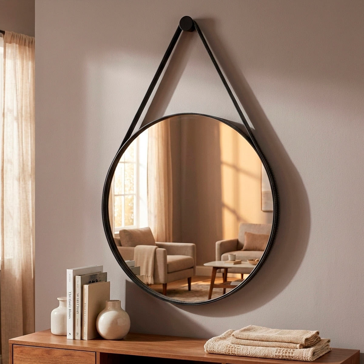 Espelho Decorativo Redondo Adnet Couro - Com Alça - Banheiro - 60cm
